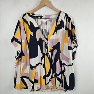 Lacana x Venus Mod Geo Print Blouse‎ XL Black Ivory Lavender Gold Short Sleeve